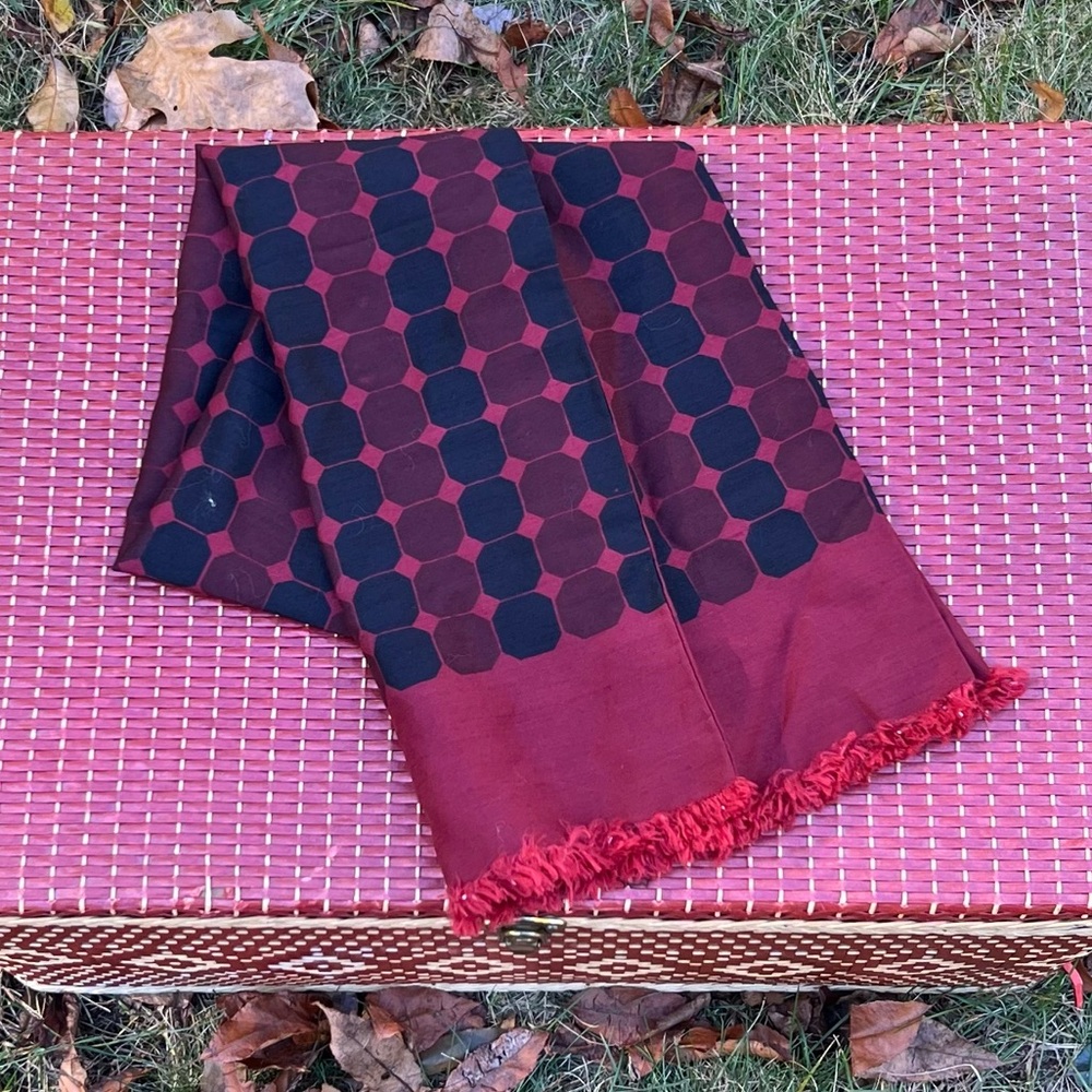 Silk Wool Chic Red Black Octagonal Geometric with Fringe Luxury Scarf